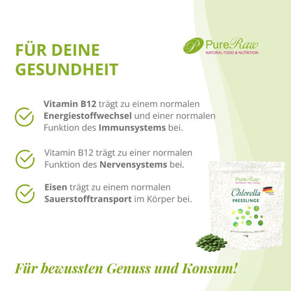 Infografik zu den enthaltenen Vitaminen und Mineralstoffen der Chlorella Presslinge