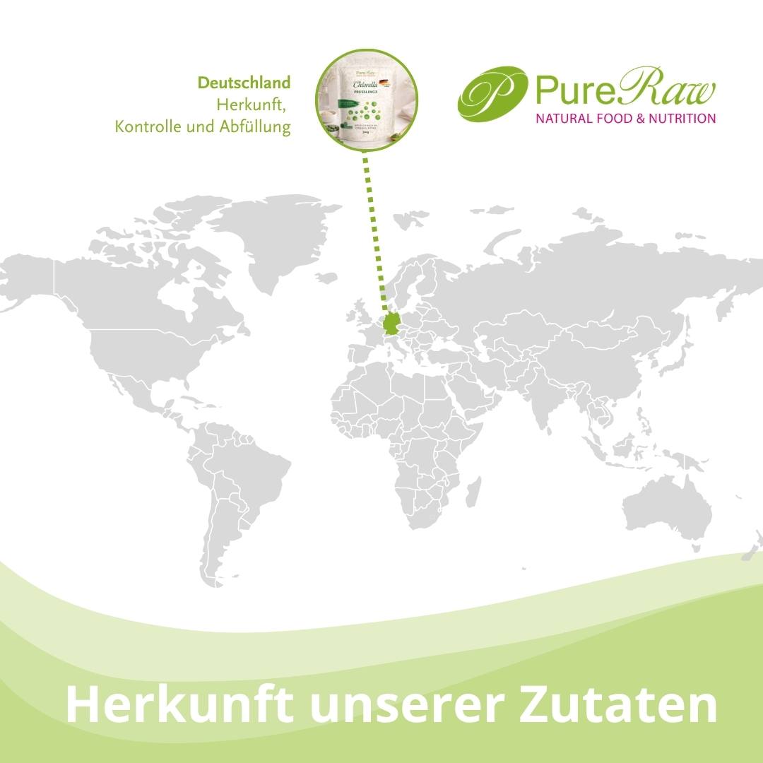Infografik zur Herkunft der Zutaten der PureRaw Chlorella Presslinge