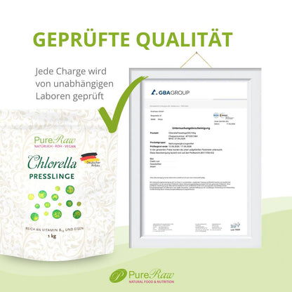 Infografik zur geprüften Qualität der PureRaw Chlorella Presslinge