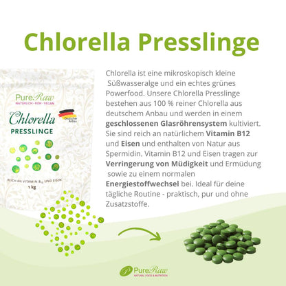 Produktinformationen zu den PureRaw Chlorella Presslingen aus Deutschland