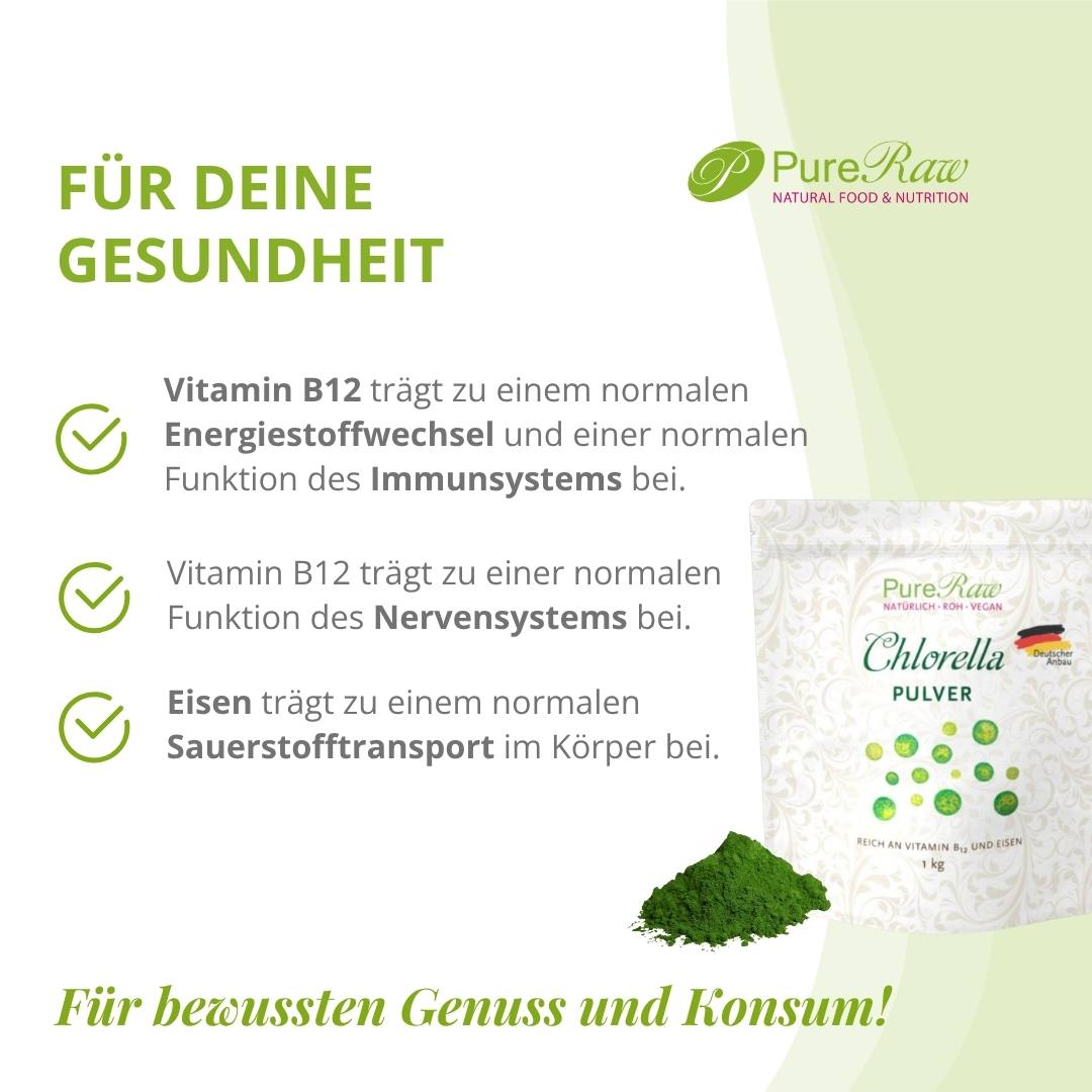 Infografik mit dem Titel „FÜR DEINE GESUNDHEIT“ und Stichpunkten zu den Vorteilen von Vitamin B12 und Eisen.