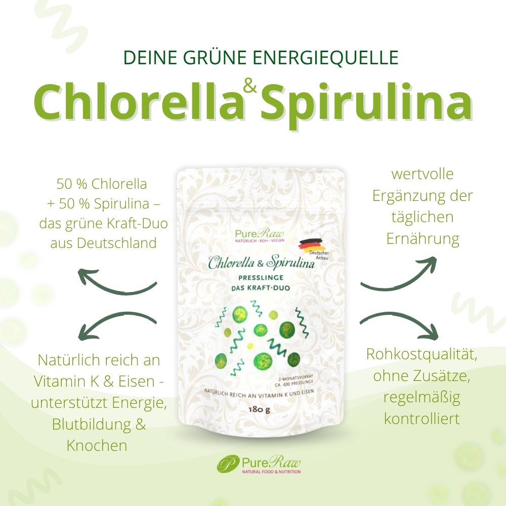 Chlorella & Spirulina Presslinge DUO aus Deutschland mit Vitamin K und Eisen in Rohkostqualität
