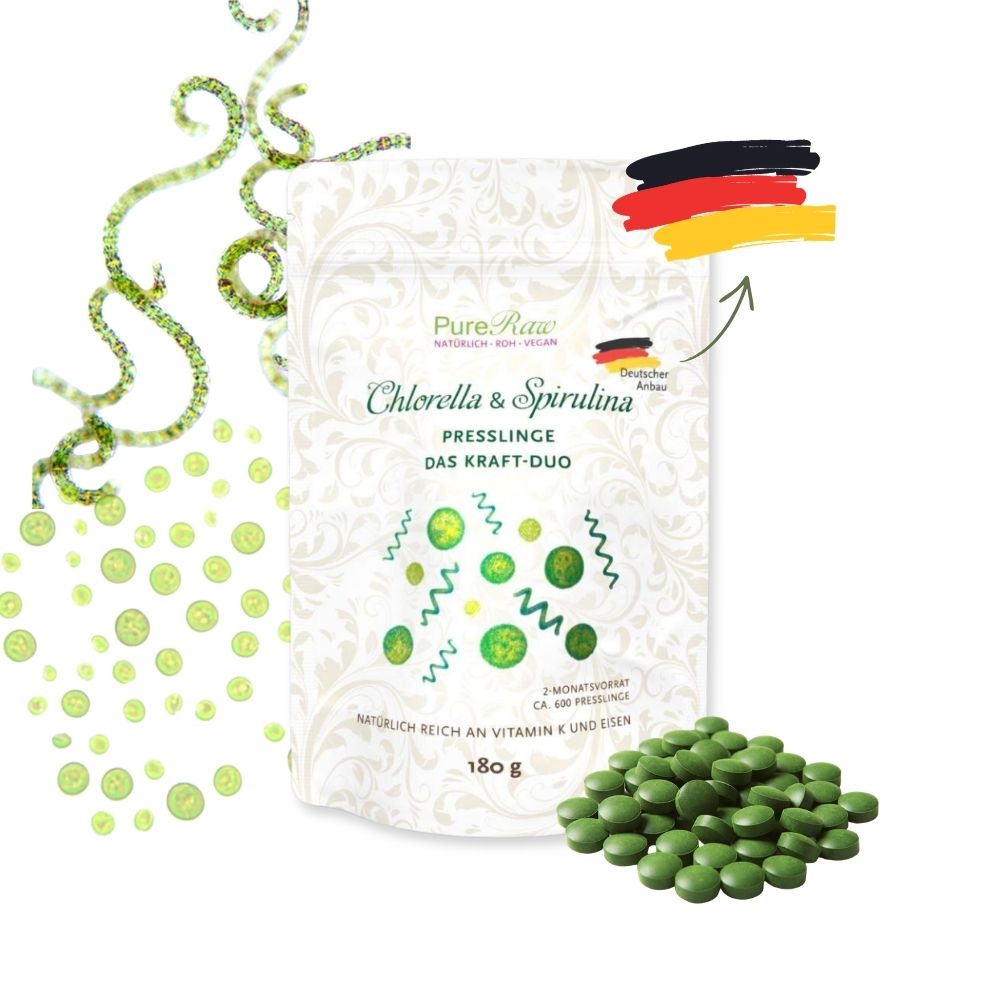 PureRaw Chlorella & Spirulina DUO mit grünen Presslingen, 50 % Chlorella und 50 % Spirulina