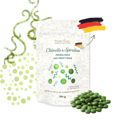 PureRaw Chlorella & Spirulina DUO mit grünen Presslingen, 50 % Chlorella und 50 % Spirulina