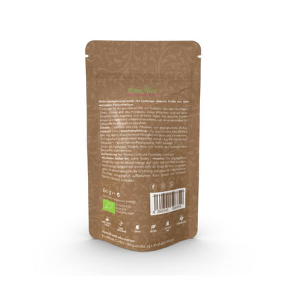 Rückseite der PureRaw Cordyceps Vitalpilz Pulver Verpackung vor weißem Hintergrund