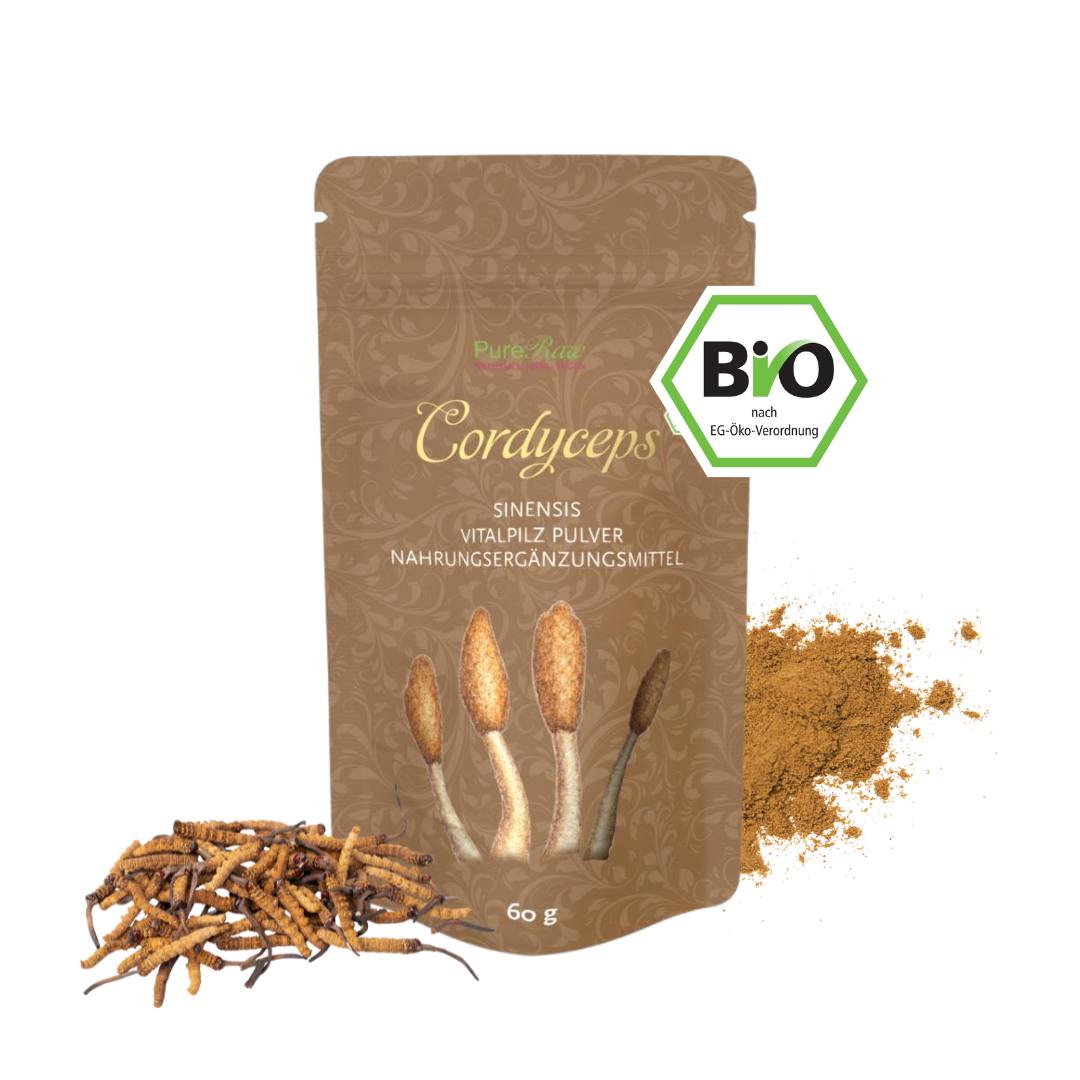 PureRaw Cordyceps Pulver Bio mit getrocknetem Cordyceps und einer kleinen Portion Pulver