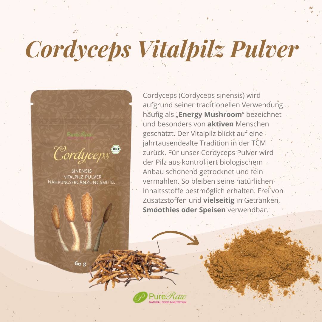 Infografik zu PureRaw Cordyceps Vitalpilz Pulver mit Verpackung, Cordyceps und Pulver