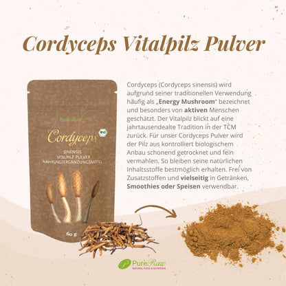 Infografik zu PureRaw Cordyceps Vitalpilz Pulver mit Verpackung, Cordyceps und Pulver