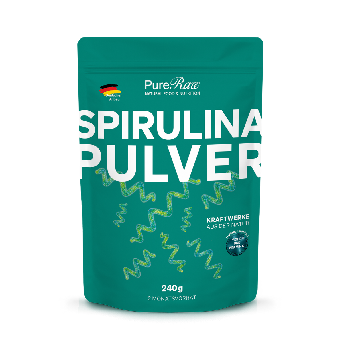 PureRaw Spirulina Pulver aus Deutschland im 240-g-Standbeutel