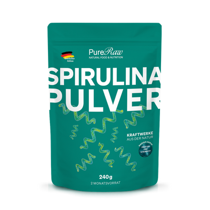 PureRaw Spirulina Pulver aus Deutschland im 240-g-Standbeutel
