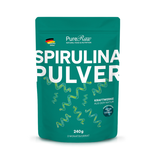 PureRaw Spirulina Pulver aus Deutschland im 240-g-Standbeutel