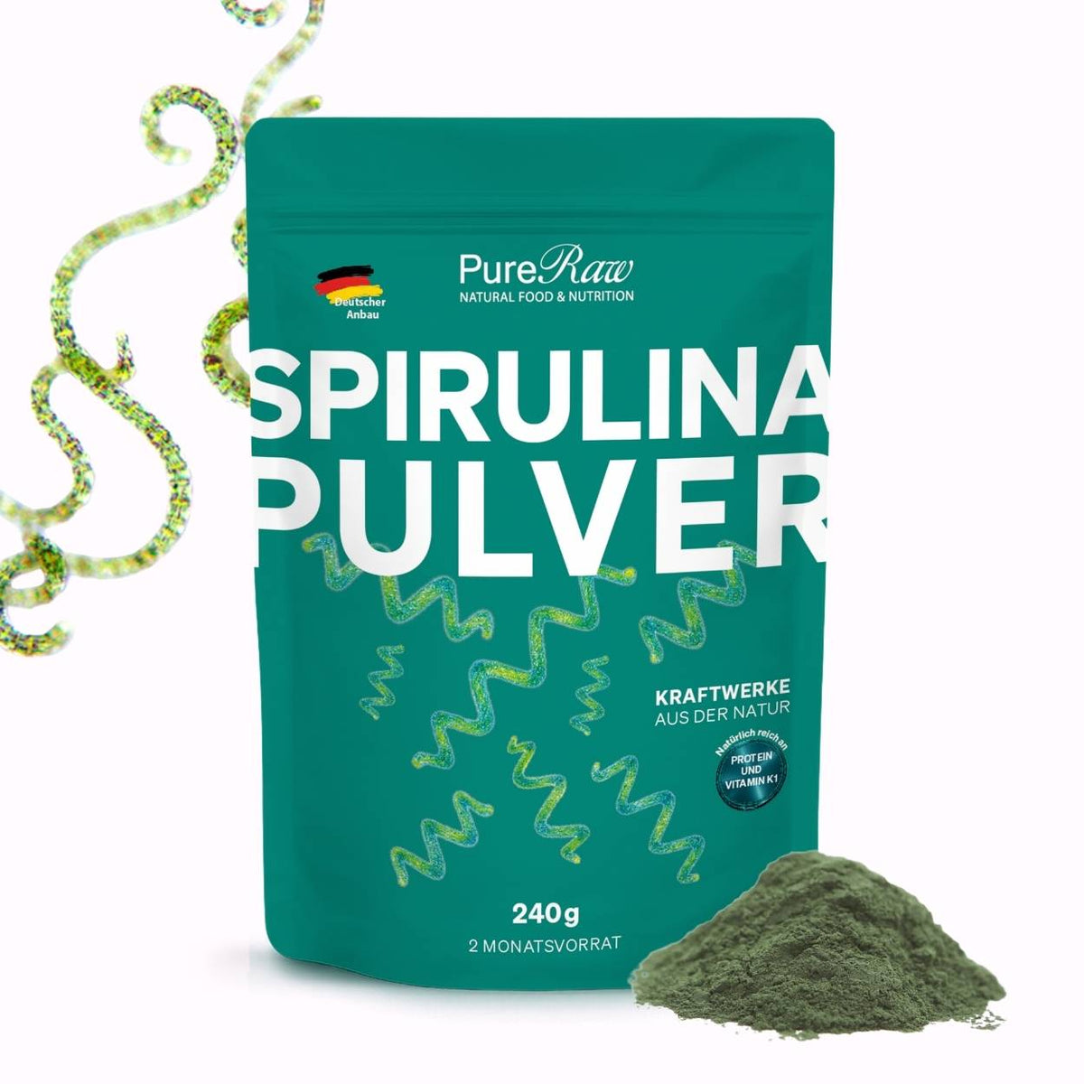 Deutsches Spirulina Pulver mit Spirulina Alge und dem Pulver 