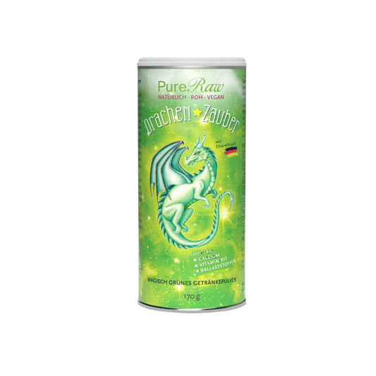 Produktdose: PureRaw Drachen Zauber, grünes Ballaststoffpulver mit Chlorella, in der 170-g-Dose mit Drachenmotiv.