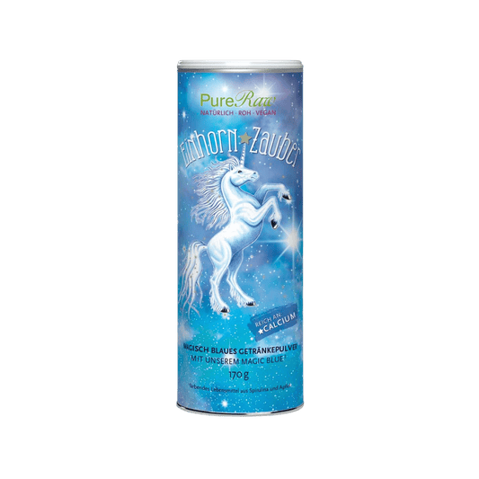 PureRaw Einhorn Zauber, 170 g: blaue Produktdose mit weißem Einhorn auf weißem Hintergrund.