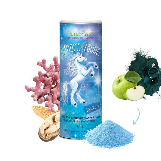 Einhorn Zauber von PureRaw mit blauem Pulver, Baobab-Frucht und Kalziumalge neben der Produktdose, mit Farbe aus Spirulina und Apfel.