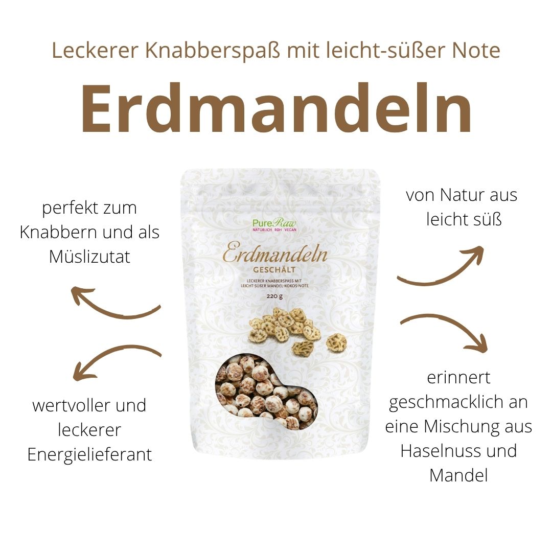 Infografik zu PureRaw Erdmandeln: von Natur aus leicht süß, mit mandel- und haselnussähnlichem Geschmack, zum Knabbern und als Müslizutat.