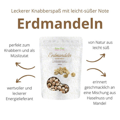 Infografik zu PureRaw Erdmandeln: von Natur aus leicht süß, mit mandel- und haselnussähnlichem Geschmack, zum Knabbern und als Müslizutat.