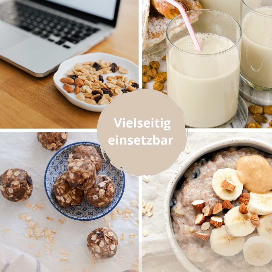 Rezeptcollage mit Erdmandeldrink, Müsli, Erdmandel-Snackkugeln und einer Frühstücksbowl mit Banane. Schriftzug: „Vielseitig einsetzbar“.