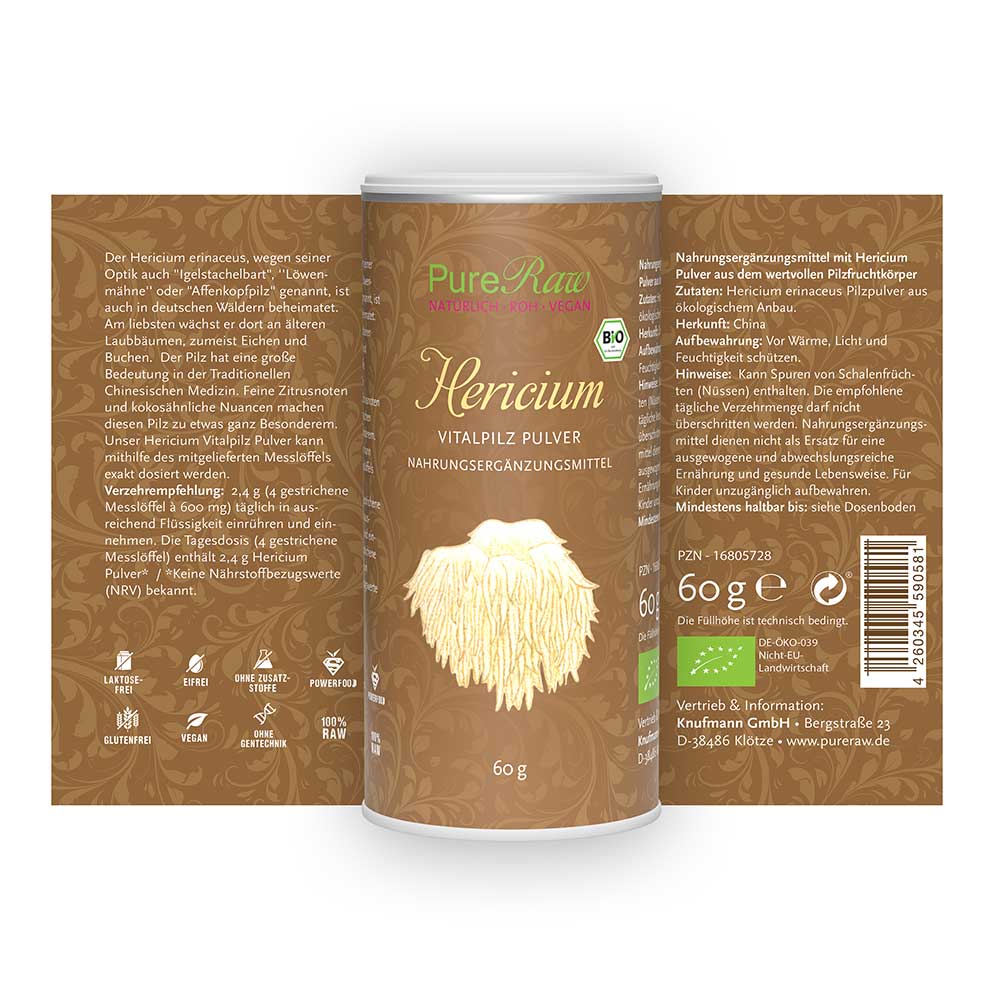 Hericium erinaceus Pilz Pulver (Igelstachelbart / Löwenmähne-Lionsmane / PomPom), (Bio & Roh)  60 g
