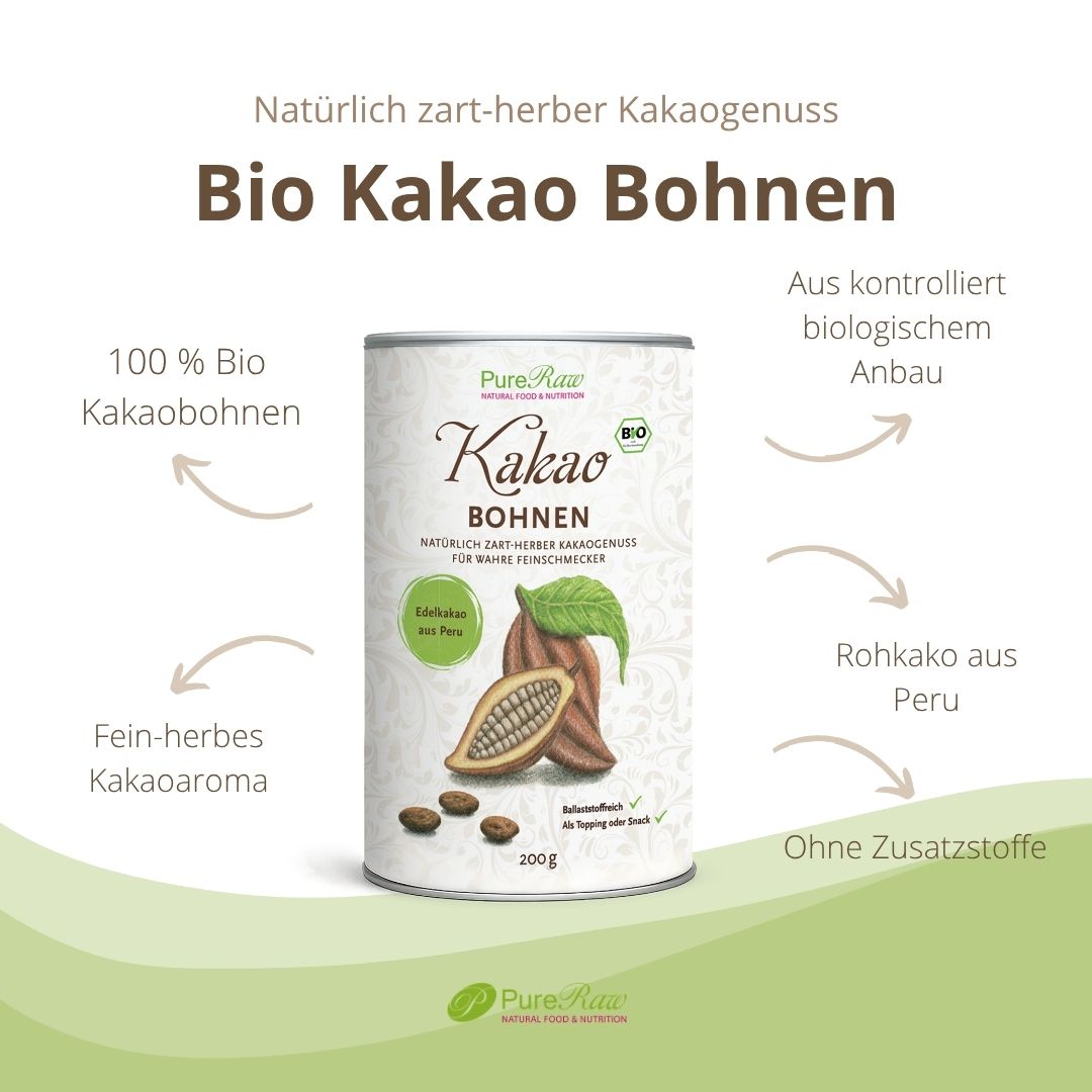 Bio Kakaobohnen aus Peru mit fein-herbem Aroma, Rohkostqualität und ohne Zusatzstoffe