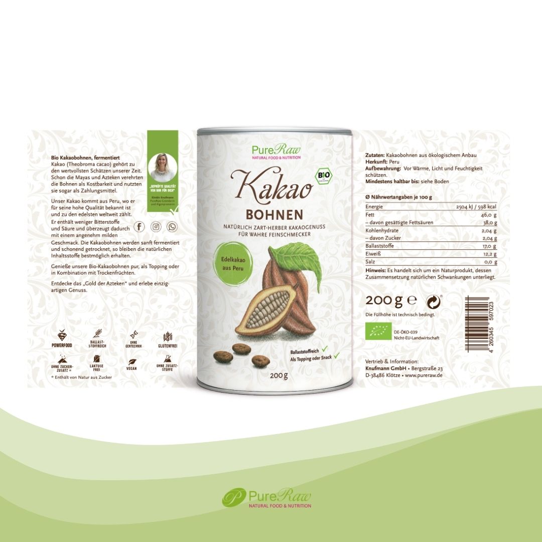 Vorder- und Rückansicht der 200-g-Dose PureRaw Bio Kakaobohnen mit Produktinformationen