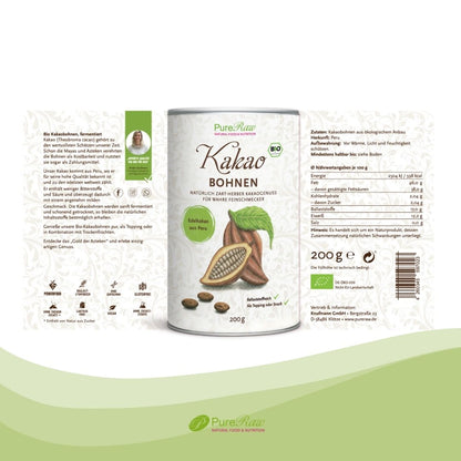 Vorder- und Rückansicht der 200-g-Dose PureRaw Bio Kakaobohnen mit Produktinformationen