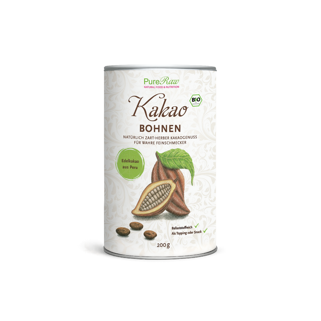PureRaw Bio Kakaobohnen in Rohkostqualität, 200-g-Dose