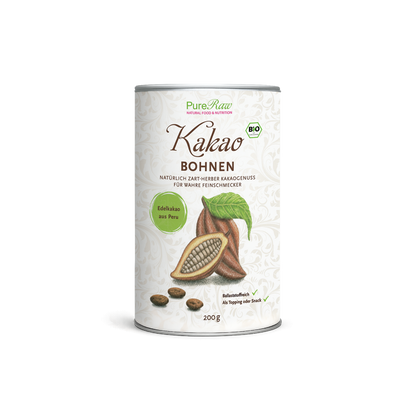 PureRaw Bio Kakaobohnen in Rohkostqualität, 200-g-Dose