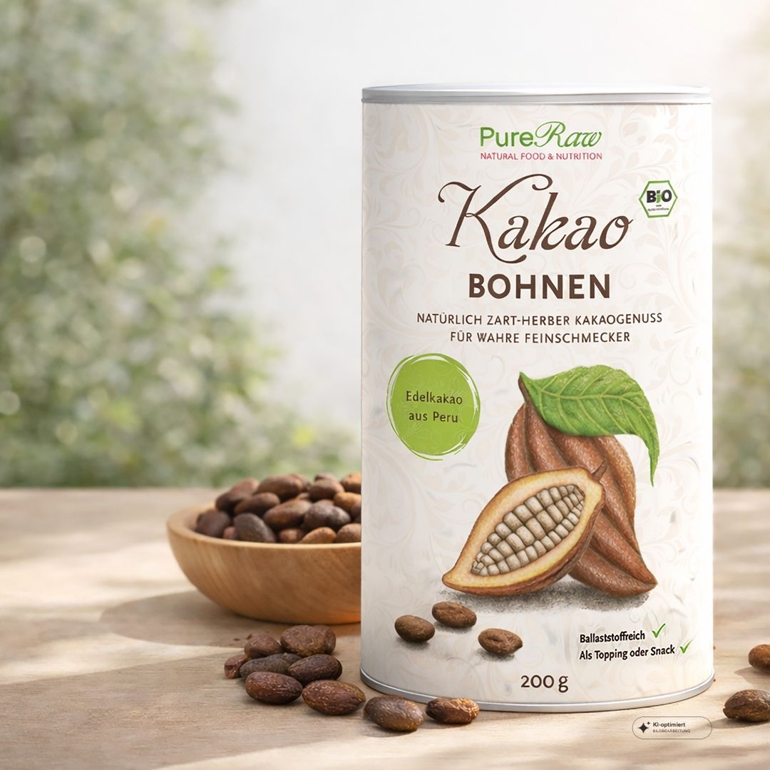 PureRaw Bio Rohkakaobohnen mit ganzen Kakaobohnen in einer Schale