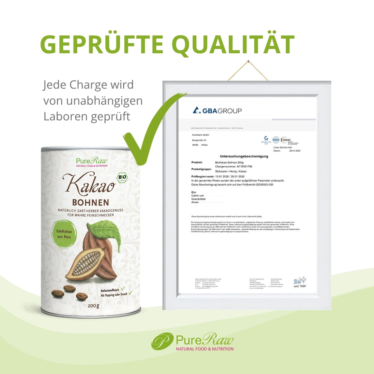 PureRaw Bio Kakaobohnen mit unabhängigem Laborbericht zur geprüften Qualität