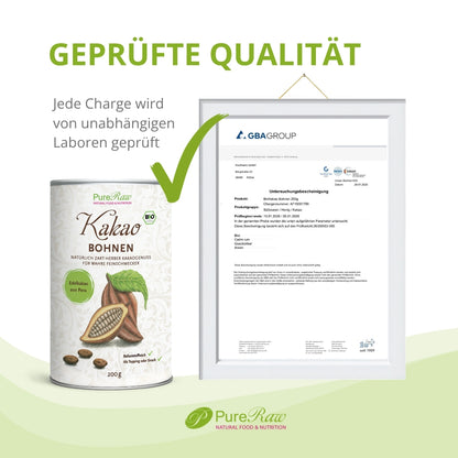 PureRaw Bio Kakaobohnen mit unabhängigem Laborbericht zur geprüften Qualität