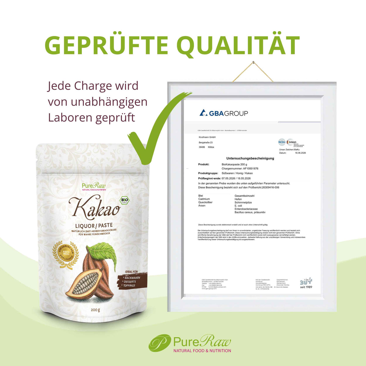Untersuchung - Laborprüfung zu PureRaw Kakao Liqour/Paste