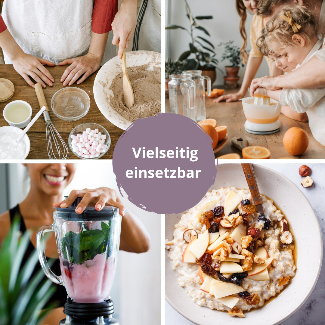 Viergeteilte Bildcollage mit Einsatzmöglichkeiten von PureRaw Kalziumalge: Backen, in Getränke, Smoothies, Porridge