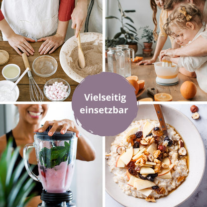 Viergeteilte Bildcollage mit Einsatzmöglichkeiten von PureRaw Kalziumalge: Backen, in Getränke, Smoothies, Porridge