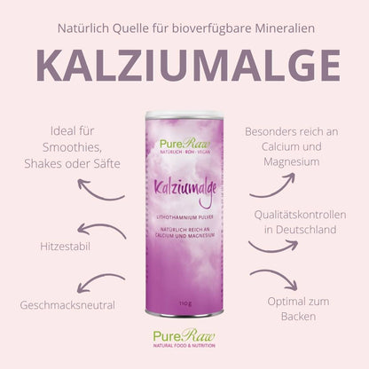 Infografik mit einer Dose PureRaw Kalziumalge und deren Eigenschaften