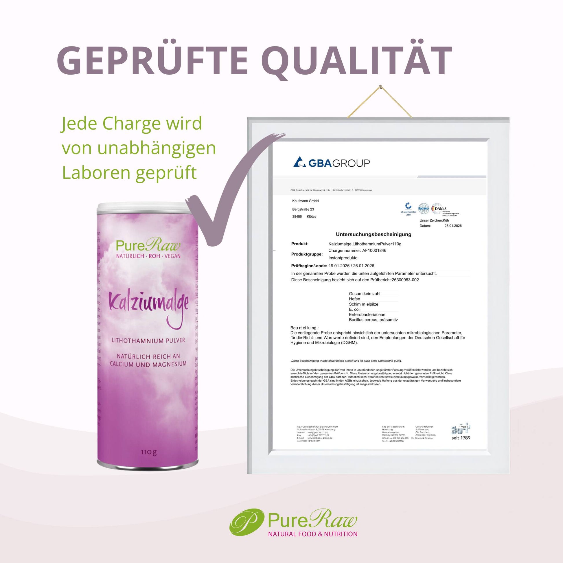 Infografik mit dem Titel „GEPRÜFTE QUALITÄT“ über einem Zertifikat und PureRaw Kalziumalge