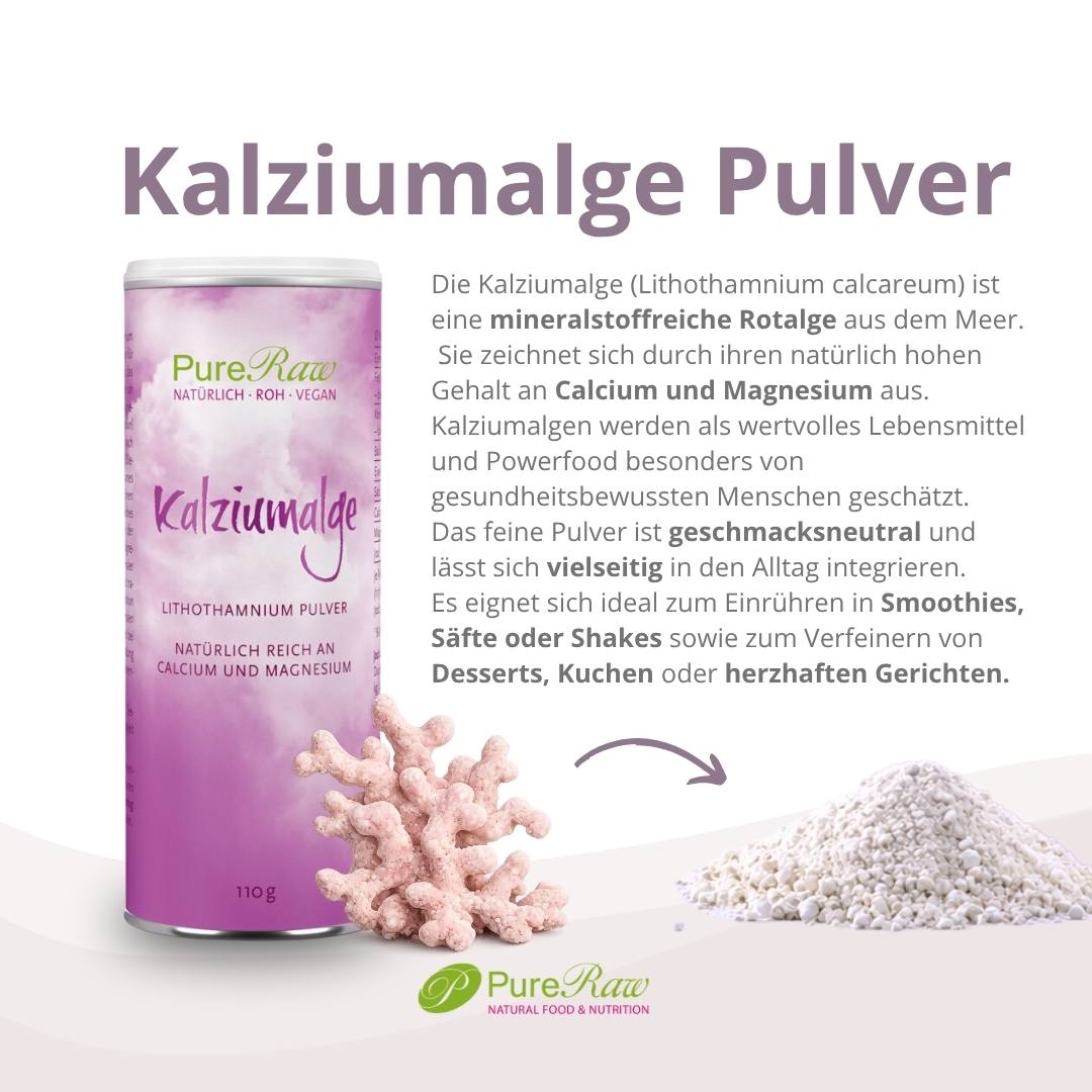 Infografik zu PureRaw Kalziumalge mit einem kleinen Haufen Kalziumalgenpulver und erklärendem Text.