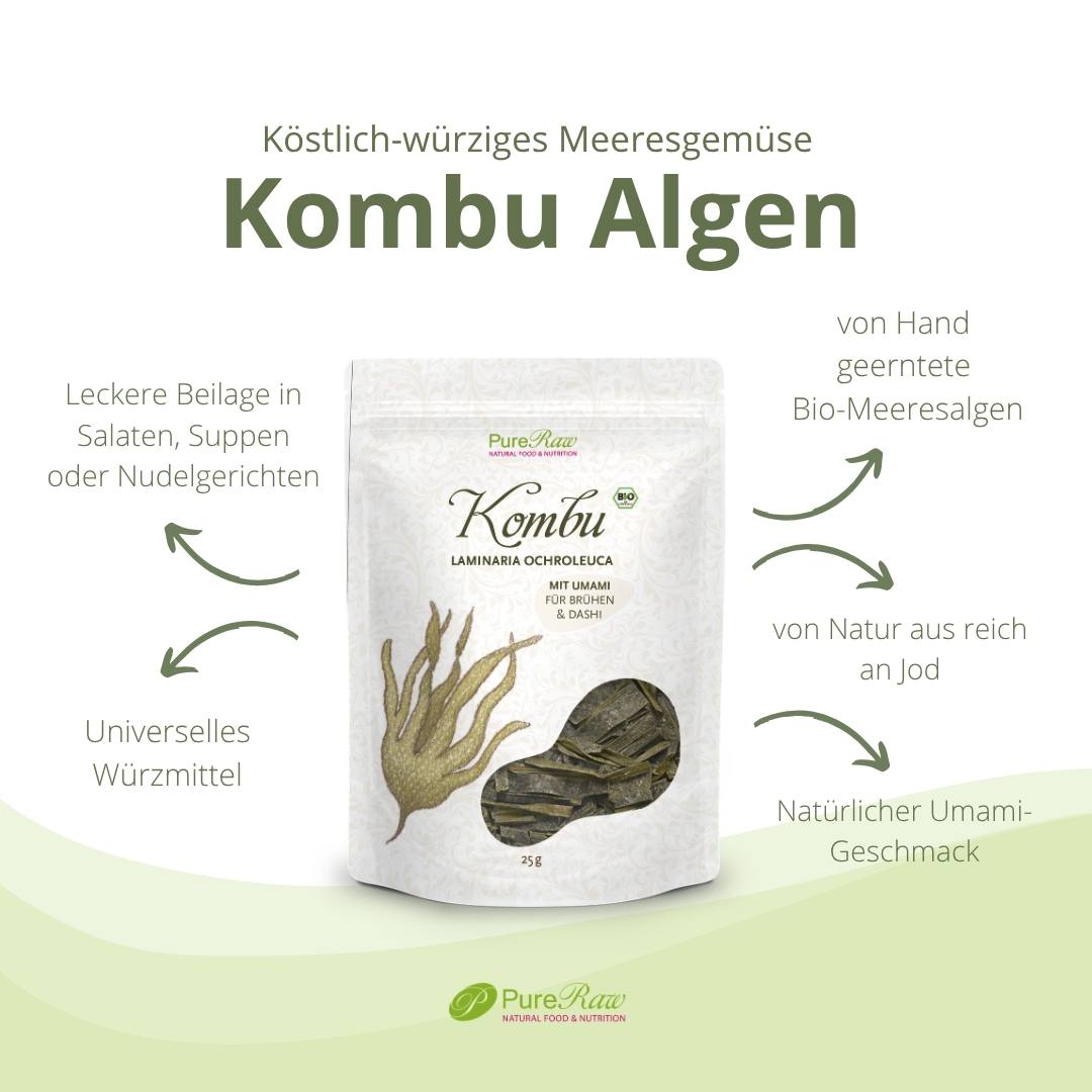 Infografik zu PureRaw Kombu Algen mit Hinweisen zu Umami-Geschmack, natürlichem Jodgehalt und vielseitiger Verwendung.