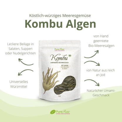 Infografik zu PureRaw Kombu Algen mit Hinweisen zu Umami-Geschmack, natürlichem Jodgehalt und vielseitiger Verwendung.