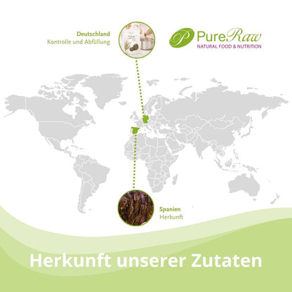Herkunftsgrafik zu den Zutaten der PureRaw Kombu Algen mit Weltkarte und Produktverpackung.