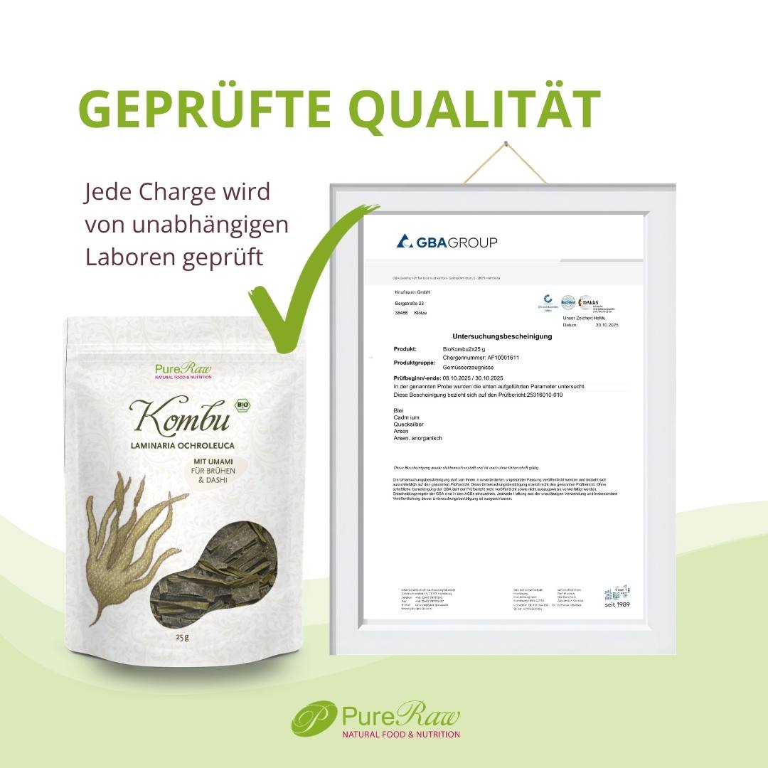 Qualitätsgrafik mit PureRaw Kombu Algen Verpackung, Prüfbericht und Hinweis auf geprüfte Qualität.