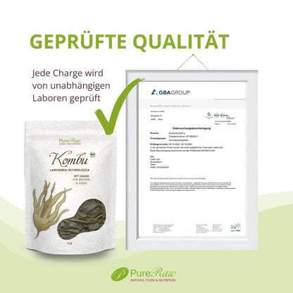 Qualitätsgrafik mit PureRaw Kombu Algen Verpackung, Prüfbericht und Hinweis auf geprüfte Qualität.