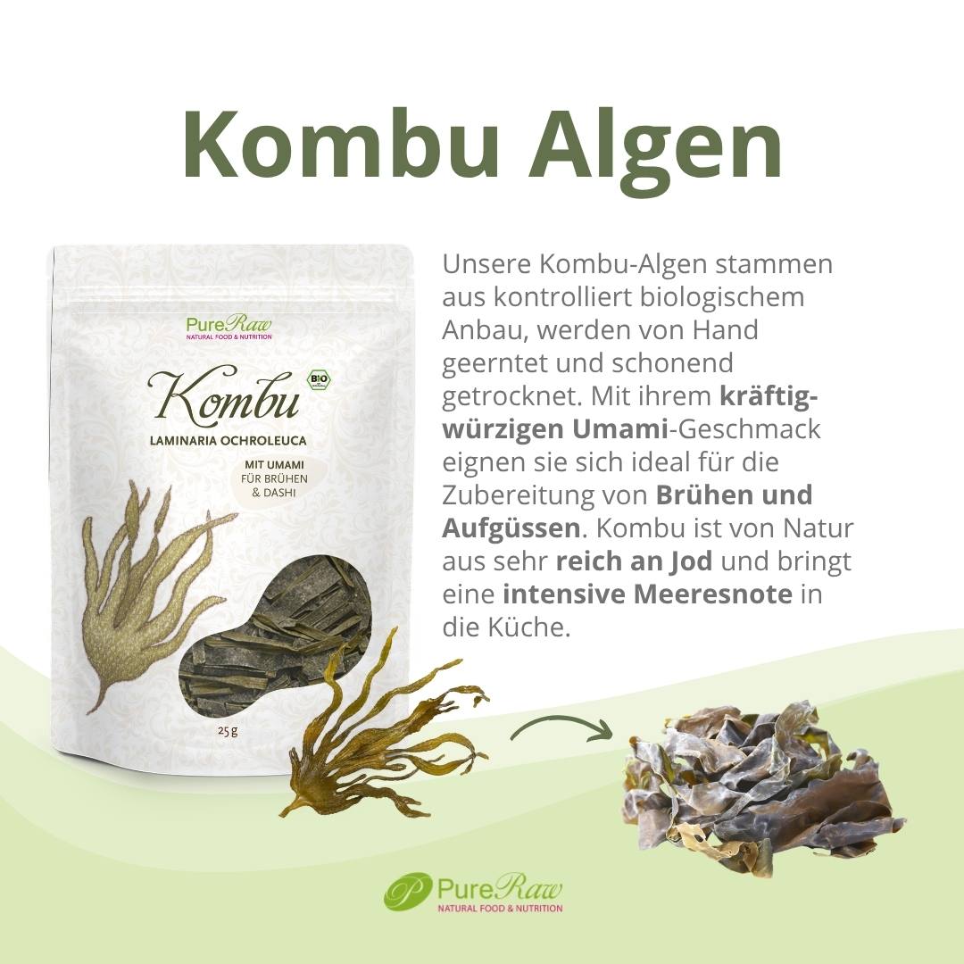 PureRaw Kombu Algen Verpackung mit kurzem Produkttext zu Bio-Qualität, schonender Trocknung und Verwendung für Brühen und Aufgüsse.