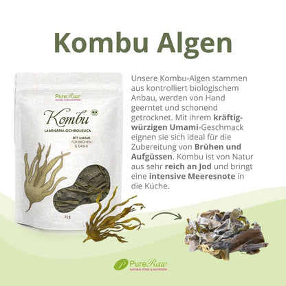 PureRaw Kombu Algen Verpackung mit kurzem Produkttext zu Bio-Qualität, schonender Trocknung und Verwendung für Brühen und Aufgüsse.