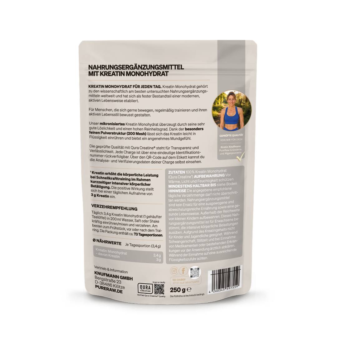 Rückseite des PureRaw Kreatin Monohydrat Beutels mit Produktinformationen