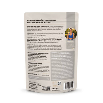 Rückseite des PureRaw Kreatin Monohydrat Beutels mit Produktinformationen