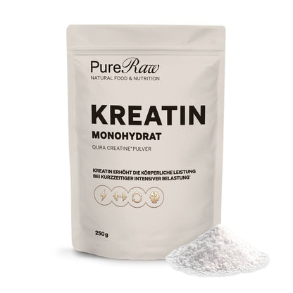 PureRaw Kreatin Monohydrat Beutel mit freigestelltem Kreatinpulver