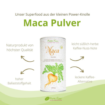 PureRaw Maca Pulver mit Produkteigenschaften und Geschmackshinweisen