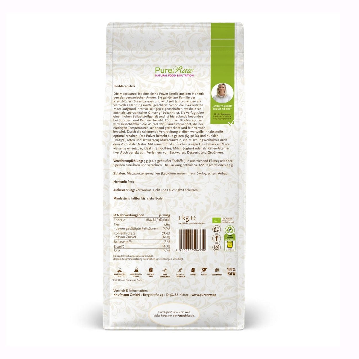 Rückseite der PureRaw Maca Pulver Verpackung mit Produktinformationen