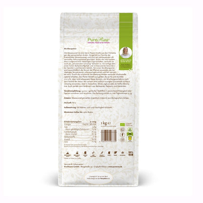 Rückseite der PureRaw Maca Pulver Verpackung mit Produktinformationen